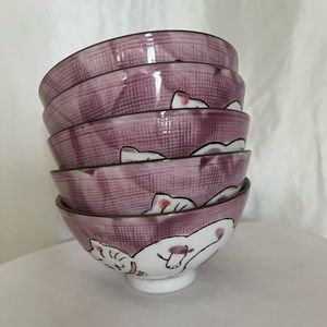 Sleeping Kitty Cat Pink Asian Rice Bowl Set of 5
